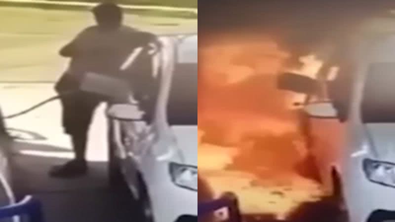 Motorista russo em posto de gasolina e depois pegando fogo - Divulgação/Youtube/The Sun