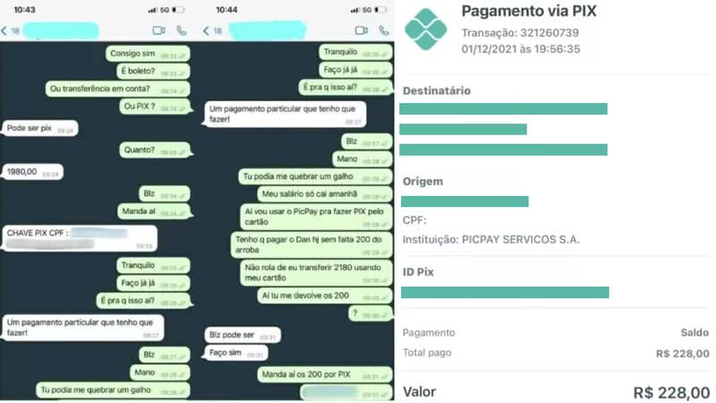 Imagens da conversa e da transferência - Divulgação/ Arquivo pessoal