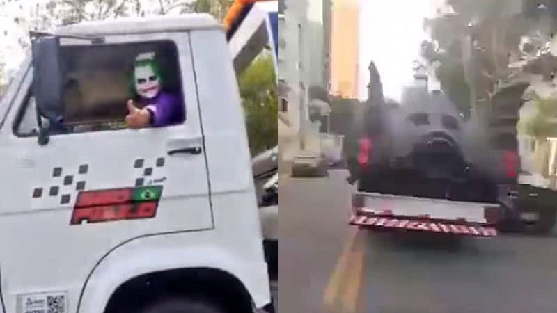 Coringa guinchando o carro do Batman - Divulgação/Twitter/@alexandreeeelf e @Domains_OF_Mind