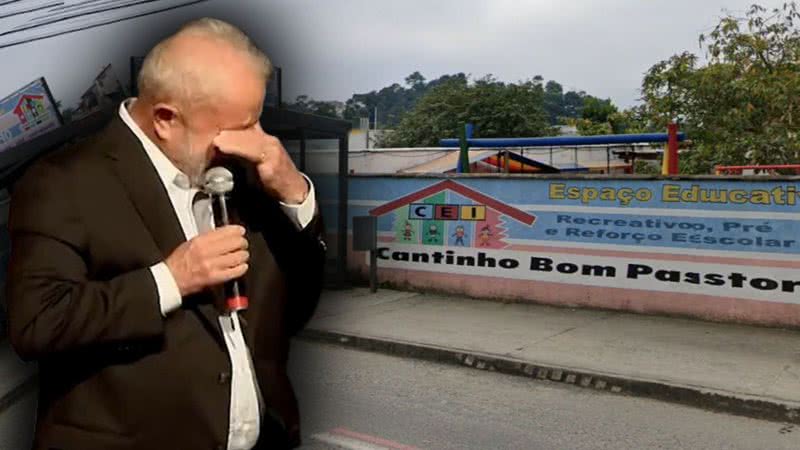 Montagem com Lula chorando durante discurso, em 2022, e fachada de creche - Divulgação / Vídeo / YouTube / Google Street View