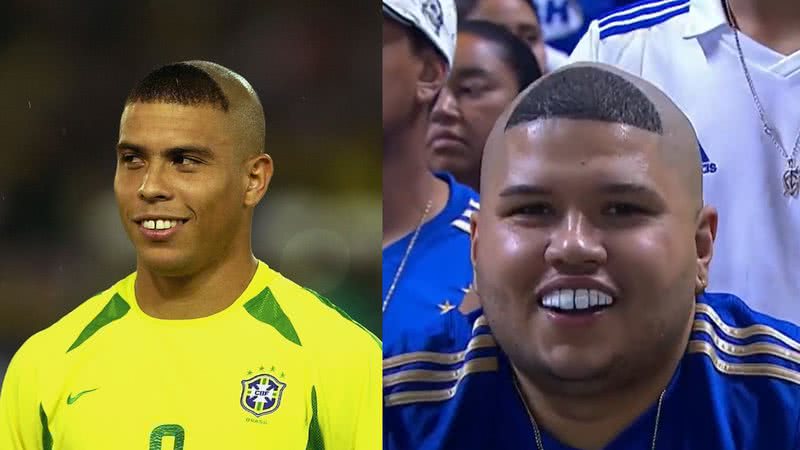 Montagem mostrando comparação entre Ronaldo em 2002, e o vídeo do homem que viralizou - Getty Images e Divulgação/ Sportv