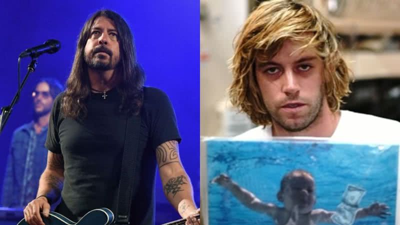 O músico Dave Grohl e Spencer Elden segurando o disco 'Nevermind', respectivamente - Getty Images/Divulgação/Youtube/John Chapple