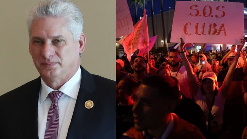 Miguel Díaz-Canel à esquerda, e imagem de manifestantes em Cuba à direita - Wikipedia Commons/ Getty Images