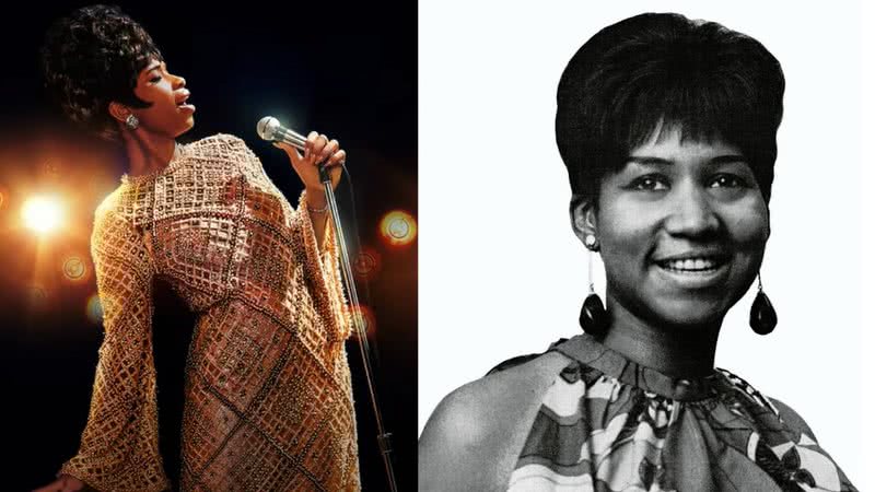 Montagem mostrando Jennifer Hudson no papel, e Aretha Franklin na vida real - Divulgação / Wikimedia Commons / Youtube / MGM