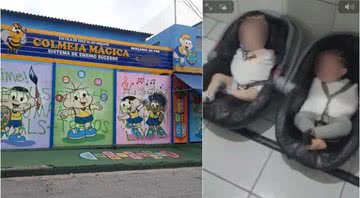 À esquerda, fachada da creche Colmeia Mágica; à direita, bebês que sofreram maus-tratos - Divulgação / G1