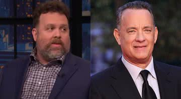 Os atores Connor Ratliff (à esquerda) e Tom Hanks (à direita) - Divulgação / vídeo / Youtube / Late Night With Seth Meyers; Getty Images