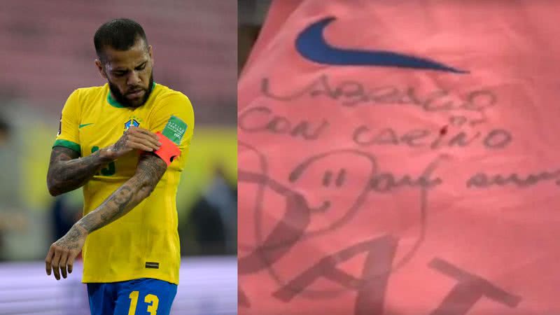 O jogador Daniel Alves; à esquerda, camisa autografada dada a detento - Getty Images / Divulgação