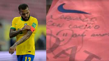 O jogador Daniel Alves; à esquerda, camisa autografada dada a detento - Getty Images / Divulgação