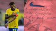 O jogador Daniel Alves; à esquerda, camisa autografada dada a detento - Getty Images / Divulgação