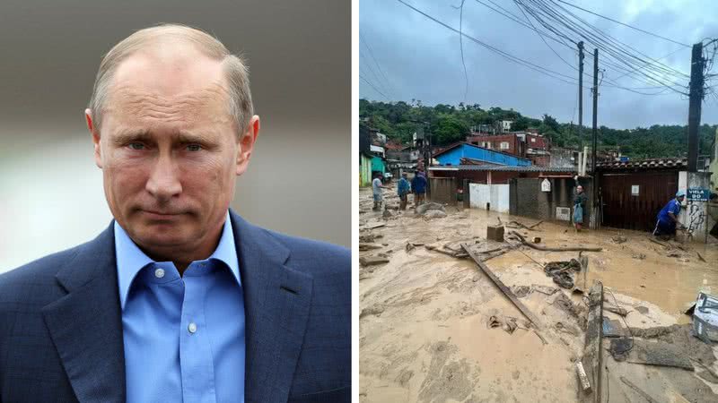 Getty Images e Divulgação / Defesa Civil de São Sebastião - Fotografia de Vladimir Putin; à direita, moradores de São Sebastião andam pelas ruas alagadas