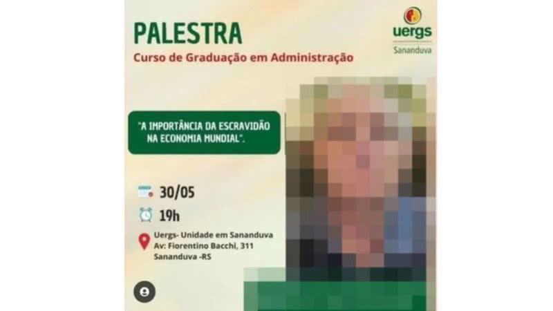 Anúncio da palestra a ser realizada na instituição - Divulgação / Redes sociais