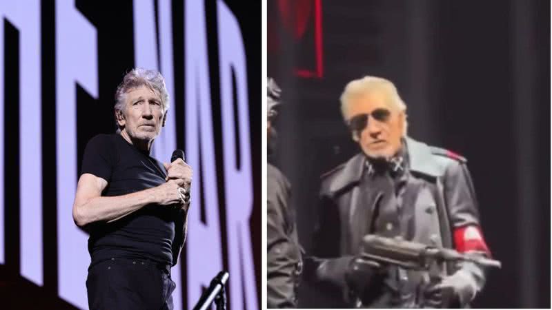 Roger Waters usou casaco preto, braçadeira vermelha e surgiu segurando fuzil - Getty Images / Divulgação / Twitter