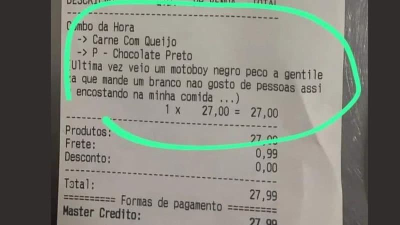 Nota com exigência racista feita por cliente - Divulgação/Arquivo pessoal