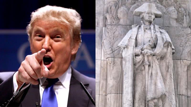 Donald Trump e estátua de George Washington, em Nova York, antes de ser manchada - Wikimedia Commons/Montagem Divulgação