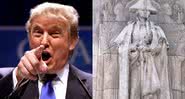 Donald Trump e estátua de George Washington, em Nova York, antes de ser manchada - Wikimedia Commons/Montagem Divulgação