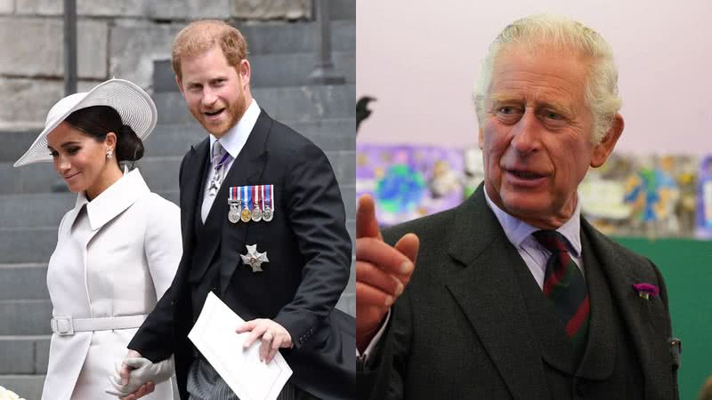 Á esquerda Meghan e Harry e à direita o príncipe Charles - Foto de  Chris J Ratcliffe na Getty mages e Foto de Andrew Milligan na GettyImages