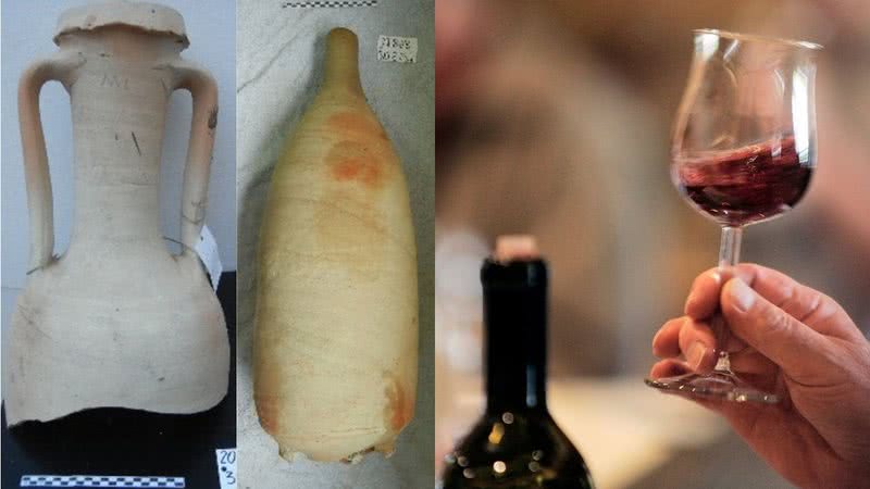 Ânforas estudadas e uma representação de vinho tinto - Divulgação/ PLOS ONE e Getty Images