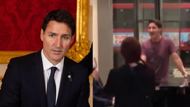 Á esquerda Justin Trudeau assinando um livro de condolências à rainha Elizabeth e à direita trecho do vídeo em que o primeiro-ministro canta Bohemian Rhapsody - GettyImages e Reprodução/Vídeo/CBC