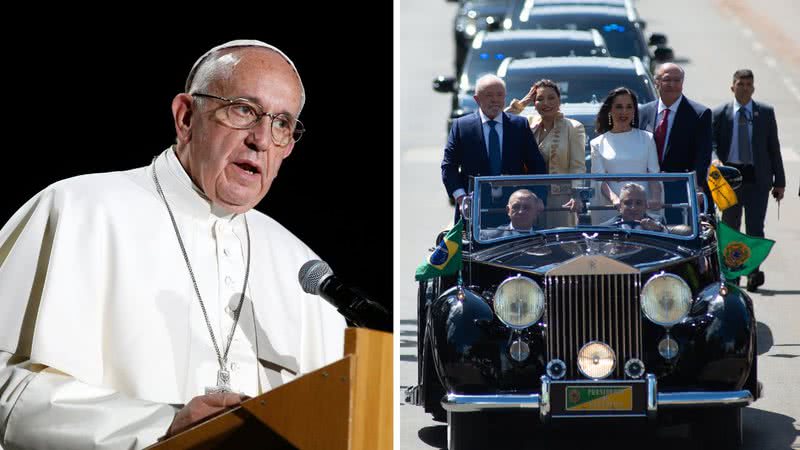 O papa Francisco; à direita, imagem da cerimônia de posse do presidente Lula - Getty Images