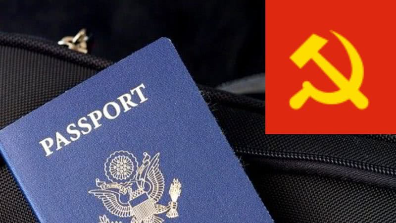 Imagem ilustrativa de passaporte ao lado de símbolo do Partido Comunista Chinês - Divulgação/Pixabay/Wikimedia Commons