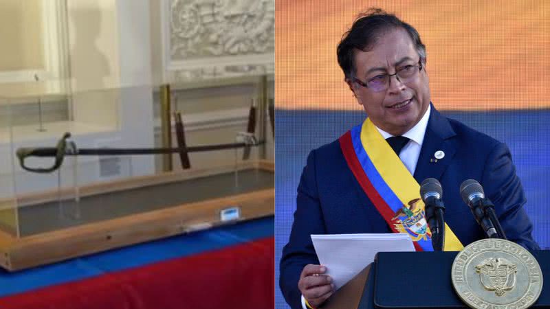 Espada de Bolívar na cerimônia de posse de Gustavo Petro à esquerda e Imagem de Petro à direita - Reprodução/Vídeo/Youtube e Foto de Guillermo Legaria na GettyImages