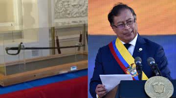 Espada de Bolívar na cerimônia de posse de Gustavo Petro à esquerda e Imagem de Petro à direita - Reprodução/Vídeo/Youtube e Foto de Guillermo Legaria na GettyImages