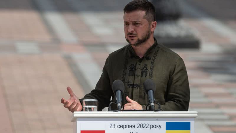 Zelenski durante entrevista coletiva hoje, 23 - Getty Images