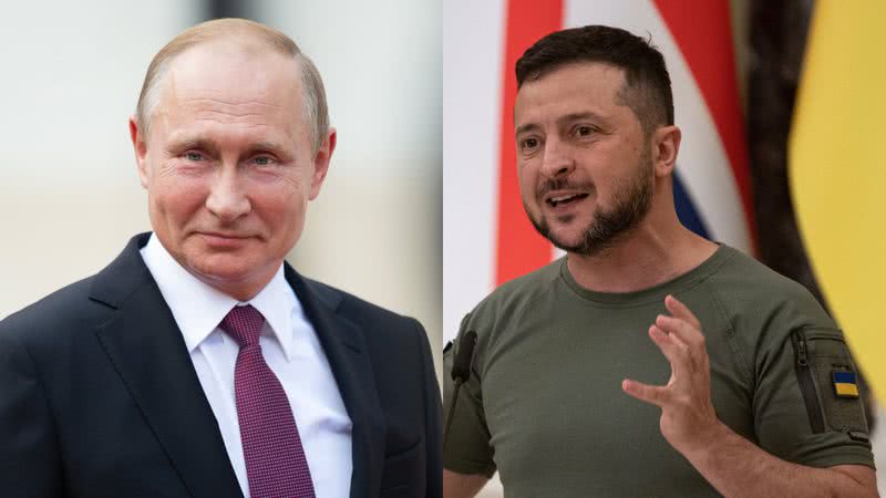 Presidente da Rússia, Vladimir Putin (esq.) e o presidente da Ucrânia, Volodymyr Zelensky (dir.) - Getty Images