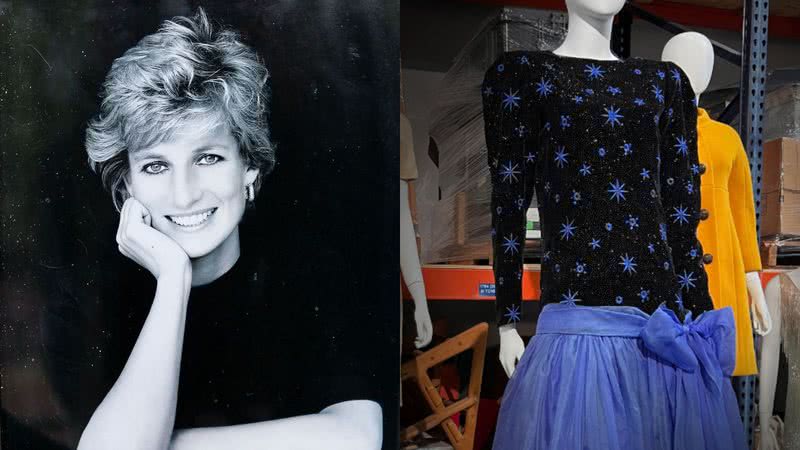 Princesa Diana (esq.) e o vestido arrematado por R$ 5 milhões (dir.) - Getty Images e Reprodução/Vídeo/Instagram/@juliens_auctions