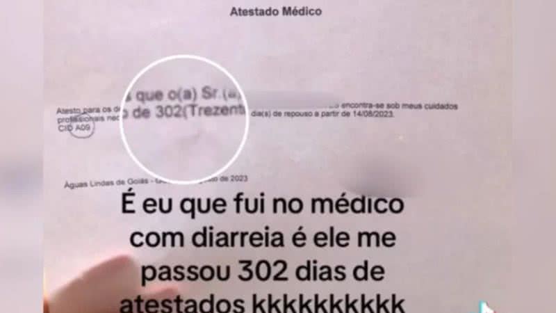 Foto do atestado médico com erro - Reprodução/TikTok @athirsongoncalves