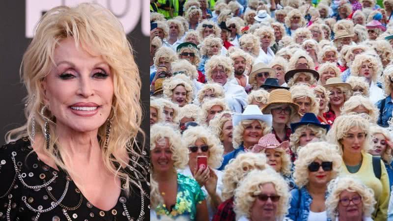 Montagem mostrando Dolly Parton e o evento com seus imitadores - Divulgação/ Getty Images e Divulgação/ Facebook/ Dolly Day