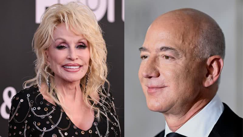 Á esquerda imagem de Dolly Parton e à esquerda, imagem de Jeff Bezos - Getty Images