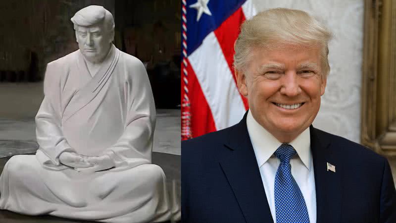 Imagem da estátua de Donald Trump ao lado de fotografia do ex-presidente - Divulgação/Wikimedia Commons