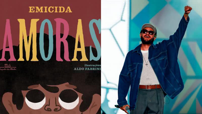 O rapper Emicida e a capa de seu livro infantil, "Amoras" - Divulgação/Cia. das Letras e Buda Mendes/Getty Images