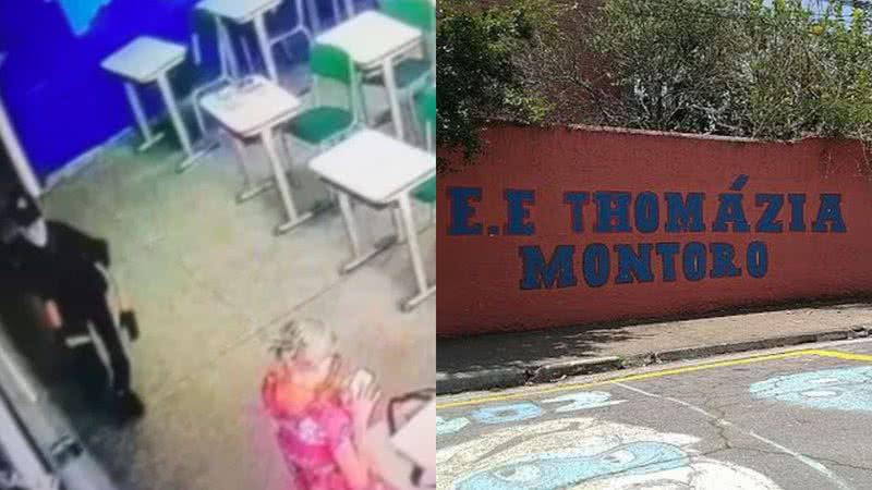 Agressor em sala de aula (esq.) e fachada da Escola Estadual Thomazia Montoro, em São Paulo (dir.) - Reprodução/Vídeo e Reprodução / Facebook