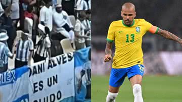 Faixa dos torcedores argentinos xingando Daniel Alves, e o jogador brasileiro, em colagem - Reprodução/vídeo/YouTube: canal uol / Gettyimages