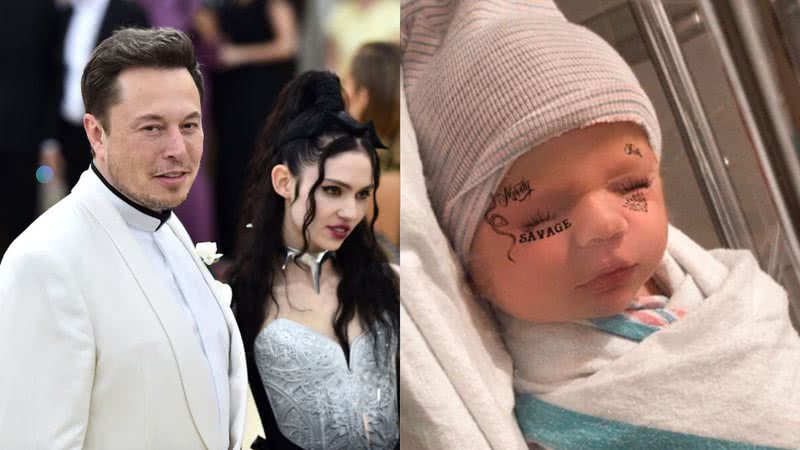 Elon Musk e Grimes (à esqu.) e o primeiro filho do casal com efeitos (à dir.) - Getty Images e Divulgação/Vídeo