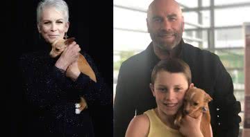 Fotografias de Jamie Lee Curtis (à esq) de John Travolta e seu filho (à dir) juntamente do filhote - Divulgação/ Instagram/ Arquivo Pessoal