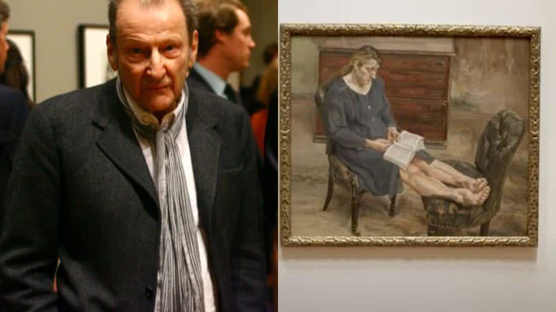 À esquerda imagem do pintor Lucian Freud e à direita imagem do retrato "Ib Reading" - Getty Images e Reprodução / Vídeo