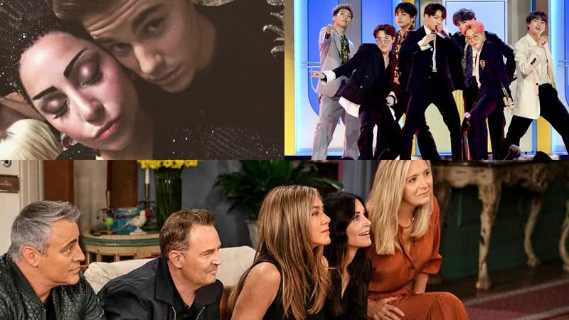 Montagem mostra Lady Gaga, Bieber, BTS e o elenco de Friends - Divulgação/Instagram // Getty Images // Divulgação/HBO