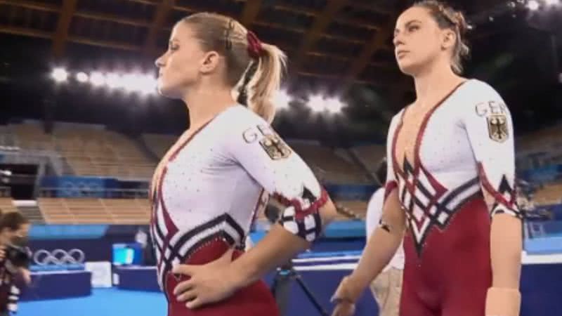 Ginastas alemãs usando uniforme longo - Divulgação/Fantástico/Rede Globo