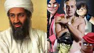 Á esquerda o terrorista Bin Laden e à direita o cantor MC Bin Laden junto dos membros de Gorillaz - Getty Images e Reprodução / Twitter