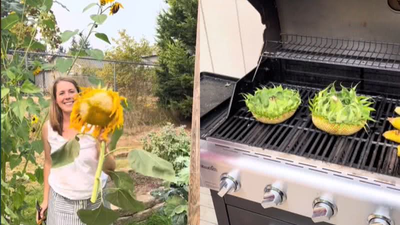 Imagem do girassol sendo preparado no churrasco - Reprodução/Vídeo/TikTok/@oursanctuarygarden