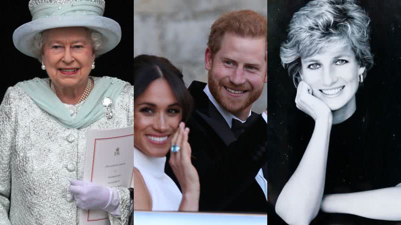 Elizabeth II (à esqu.), Meghan e Harry (centro) e Diana (à dir.) - Getty Images