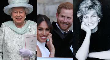 Elizabeth II (à esqu.), Meghan e Harry (centro) e Diana (à dir.) - Getty Images