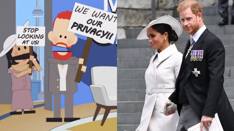 Personagens do desenho South Park (à esq.) e Harry e Meghan Markle (à dir.) - Divulgação e Getty Images