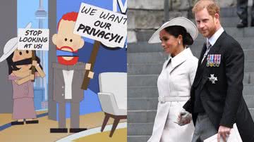 Personagens do desenho South Park (à esq.) e Harry e Meghan Markle (à dir.) - Divulgação e Getty Images