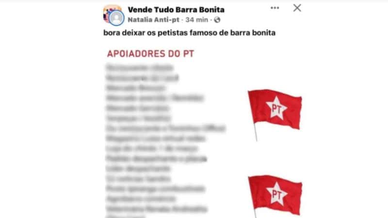 Lista publicada pelo perfil "Natália Anti-PT" no Facebook - Reprodução/Facebook