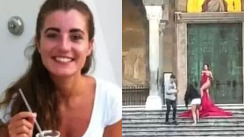 Á esquerda Savahnna Cross e à direita a influencer realizando sua sessão em frente à catedral - Reprodução / Redes sociais