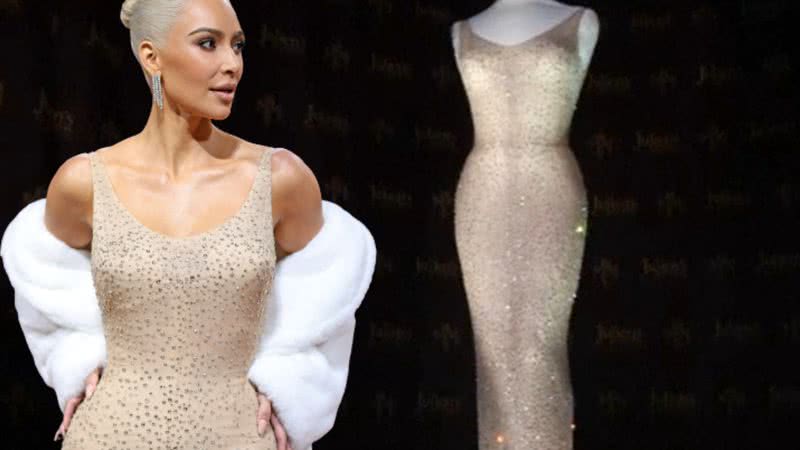 Kim Kardashian e vestido de Marilyn Monroe em montagem - Divulgação/Vídeo/Youtube e Getty Images